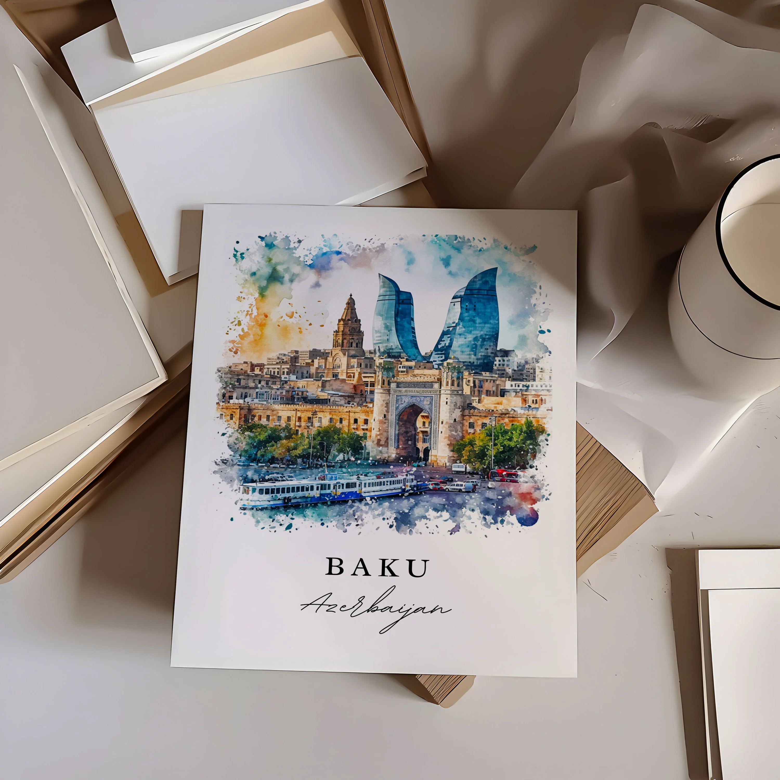 Baku, Azerbaijan – Watercolor Art Print - Image 3