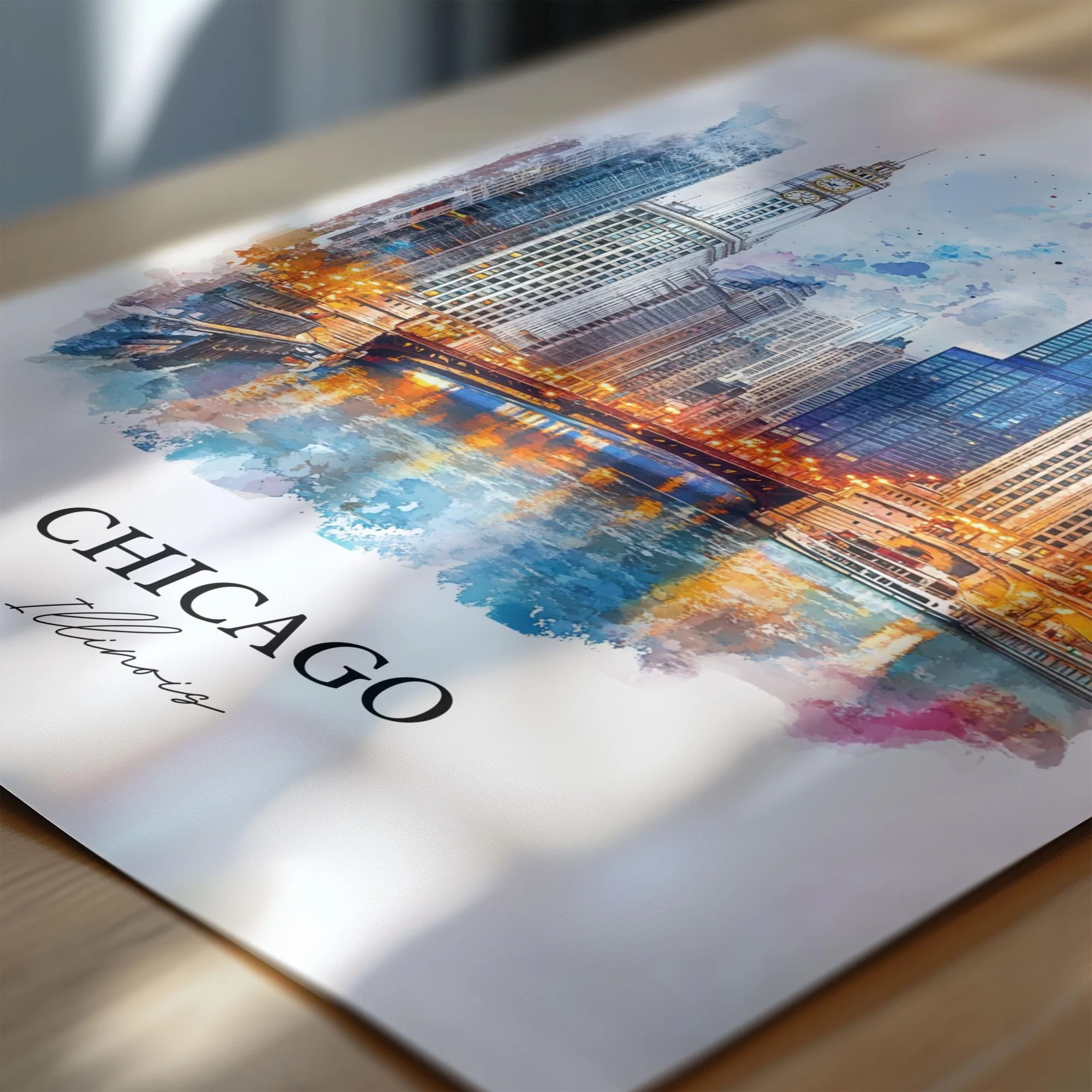 Chicago, Illinois – Watercolor Art Print of Chicago Skyline and River - Image 2