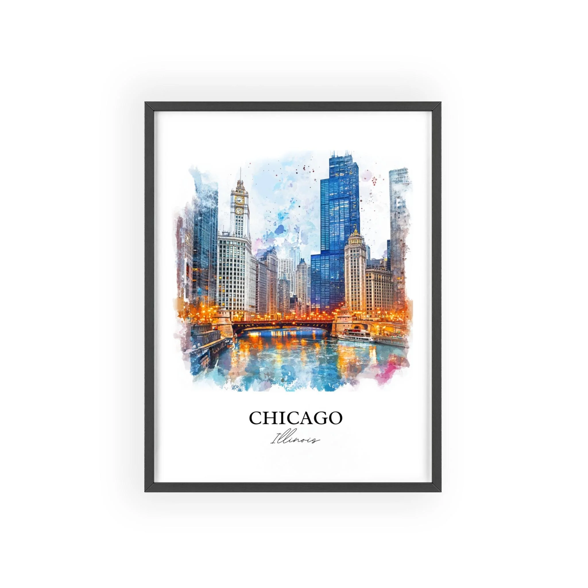 Chicago, Illinois – Watercolor Art Print of Chicago Skyline and River - Image 7
