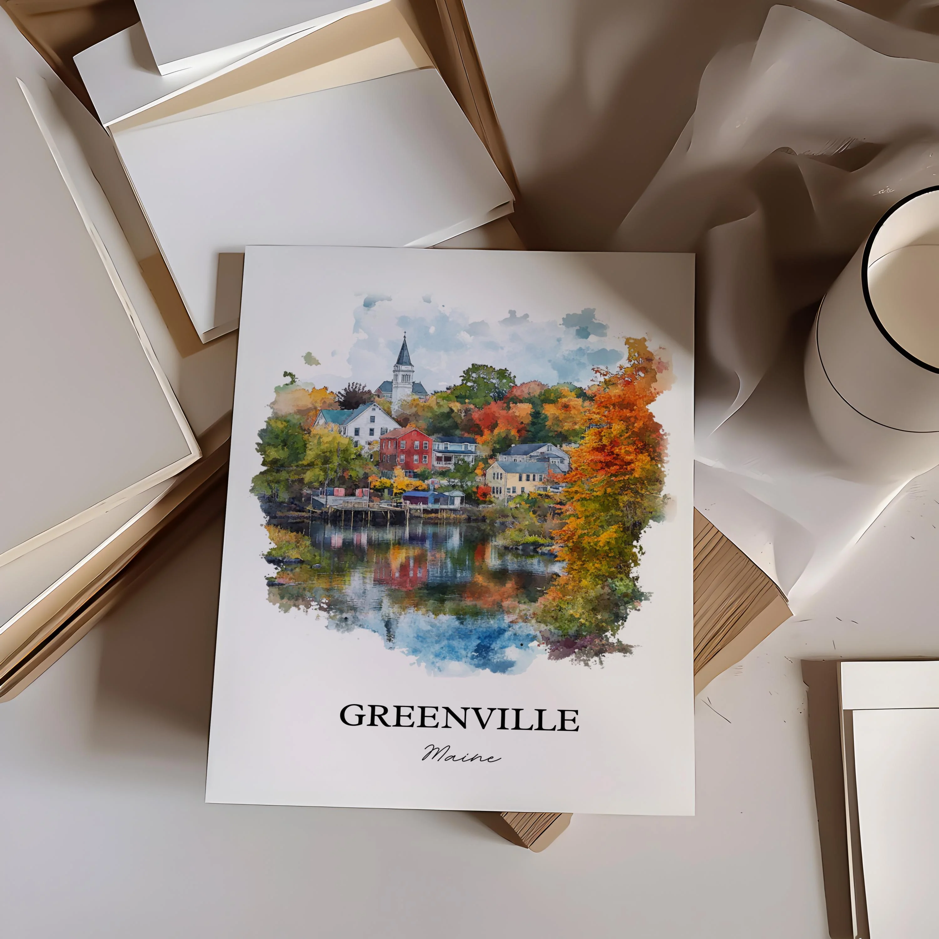 Greenville, Maine, USA – Watercolor Art Print - Image 3