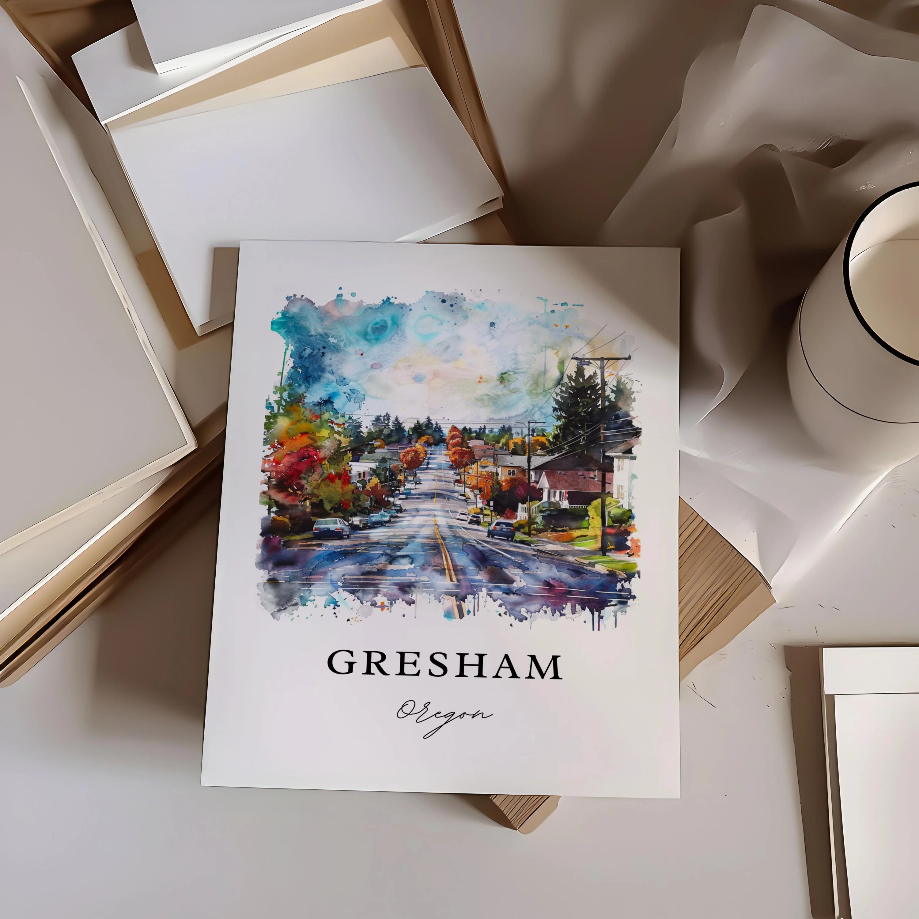 Gresham, Oregon, USA – Watercolor Art Print - Image 2
