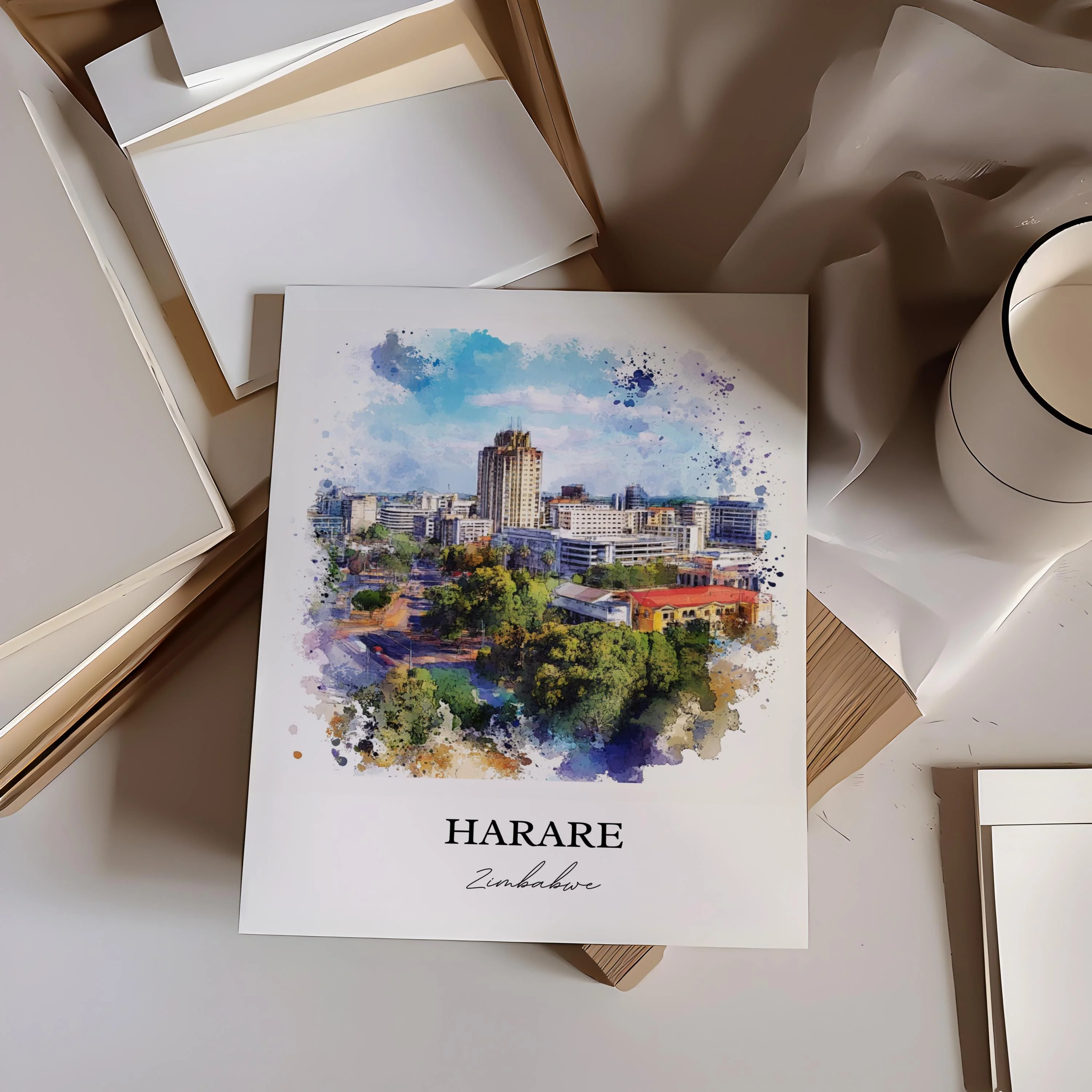 Harare, Zimbabwe – Watercolor Art Print - Image 3