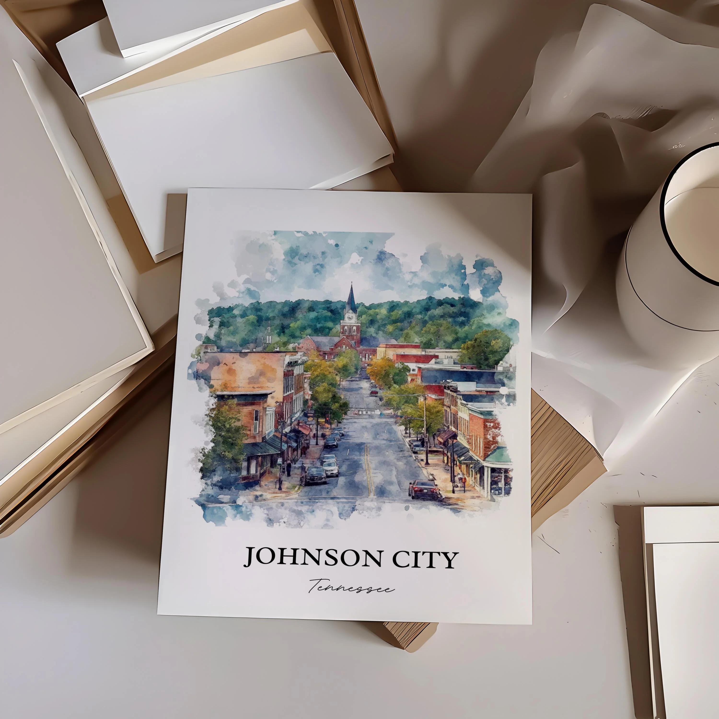 Johnson City, USA – Winged Deer Park Watercolor Art Print - Image 6