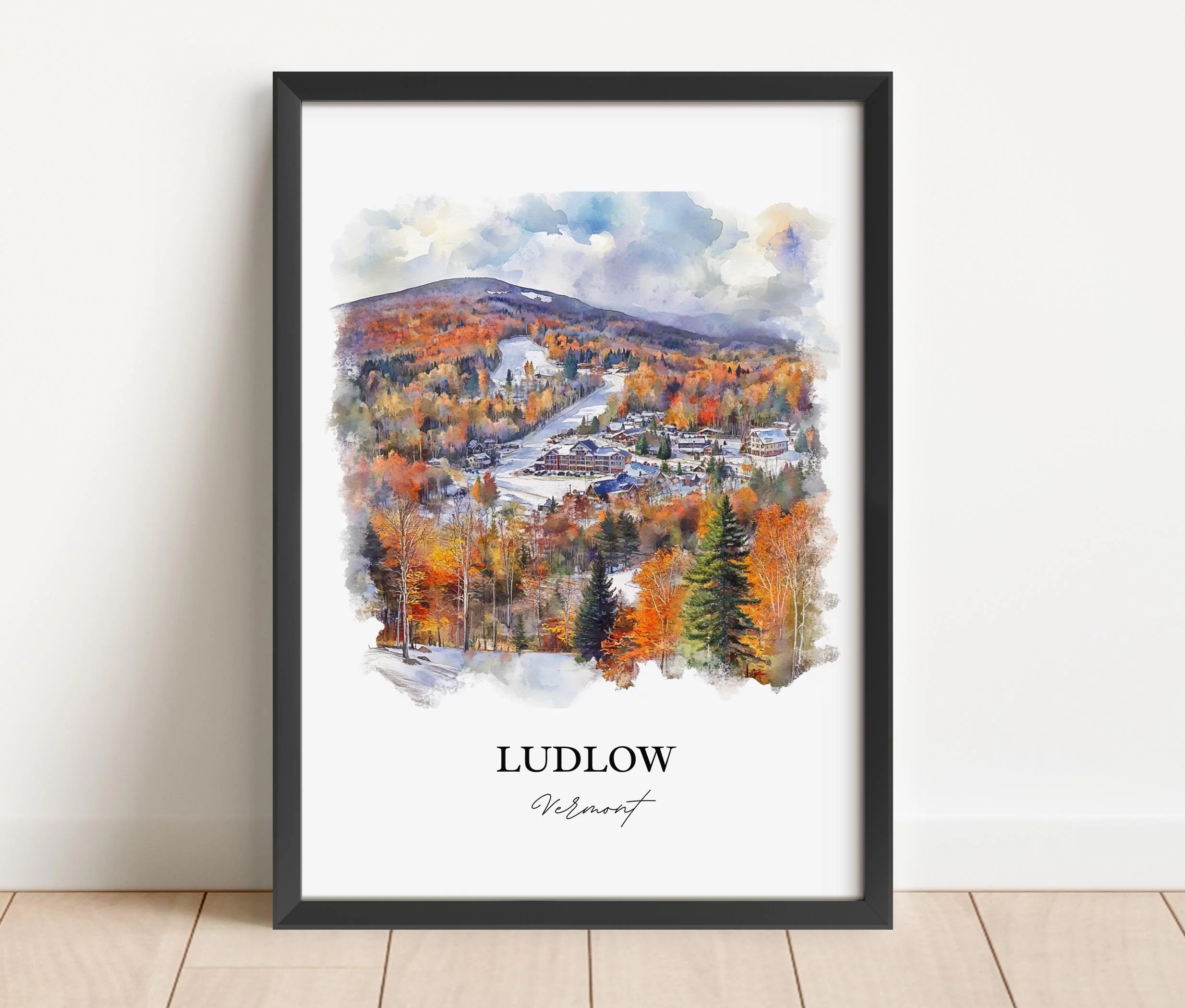 Ludlow, Vermont, USA – Watercolor Art Print of Okemo Mountain - Image 3