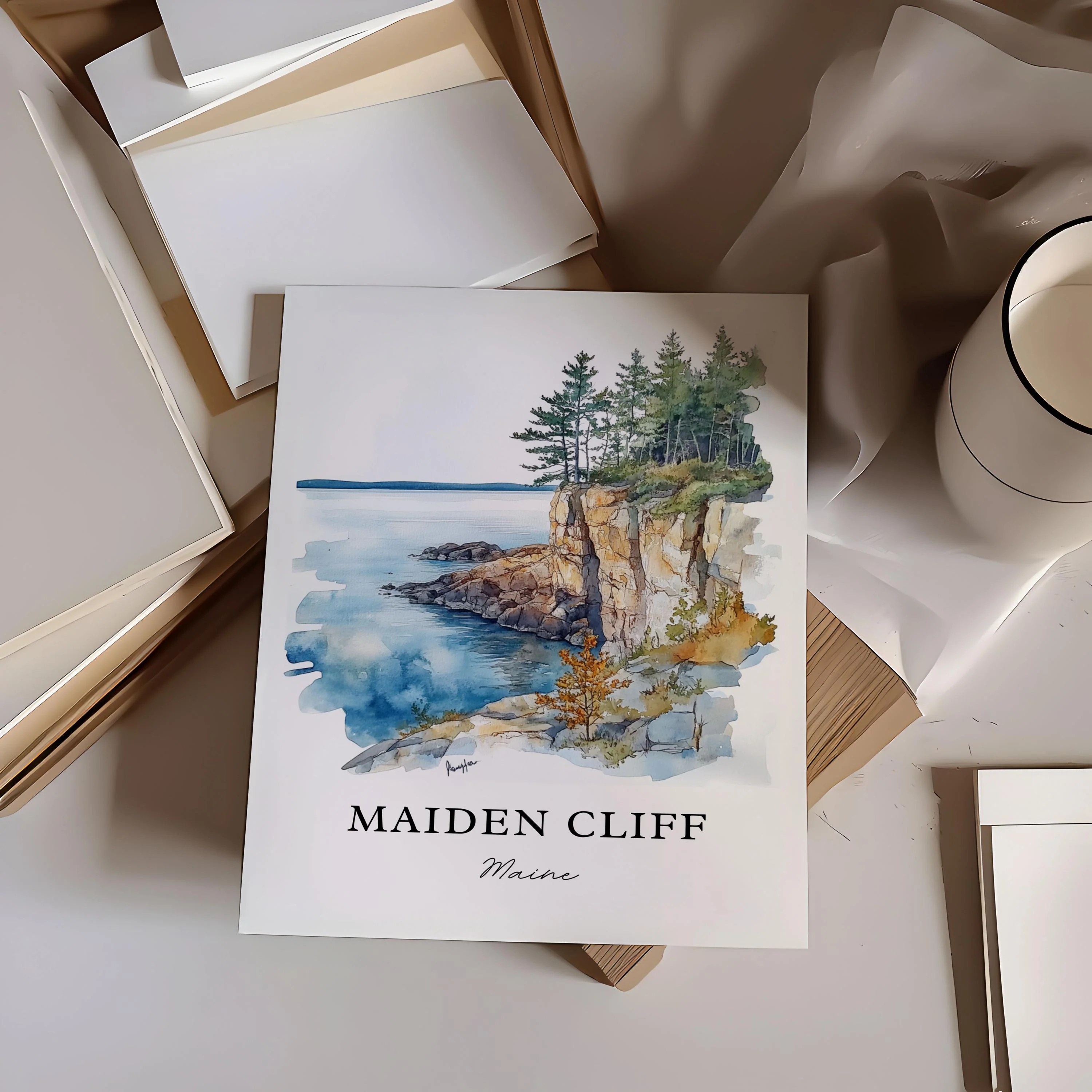 Maiden Cliff, ME, Maine – Watercolor Art Print - Image 3