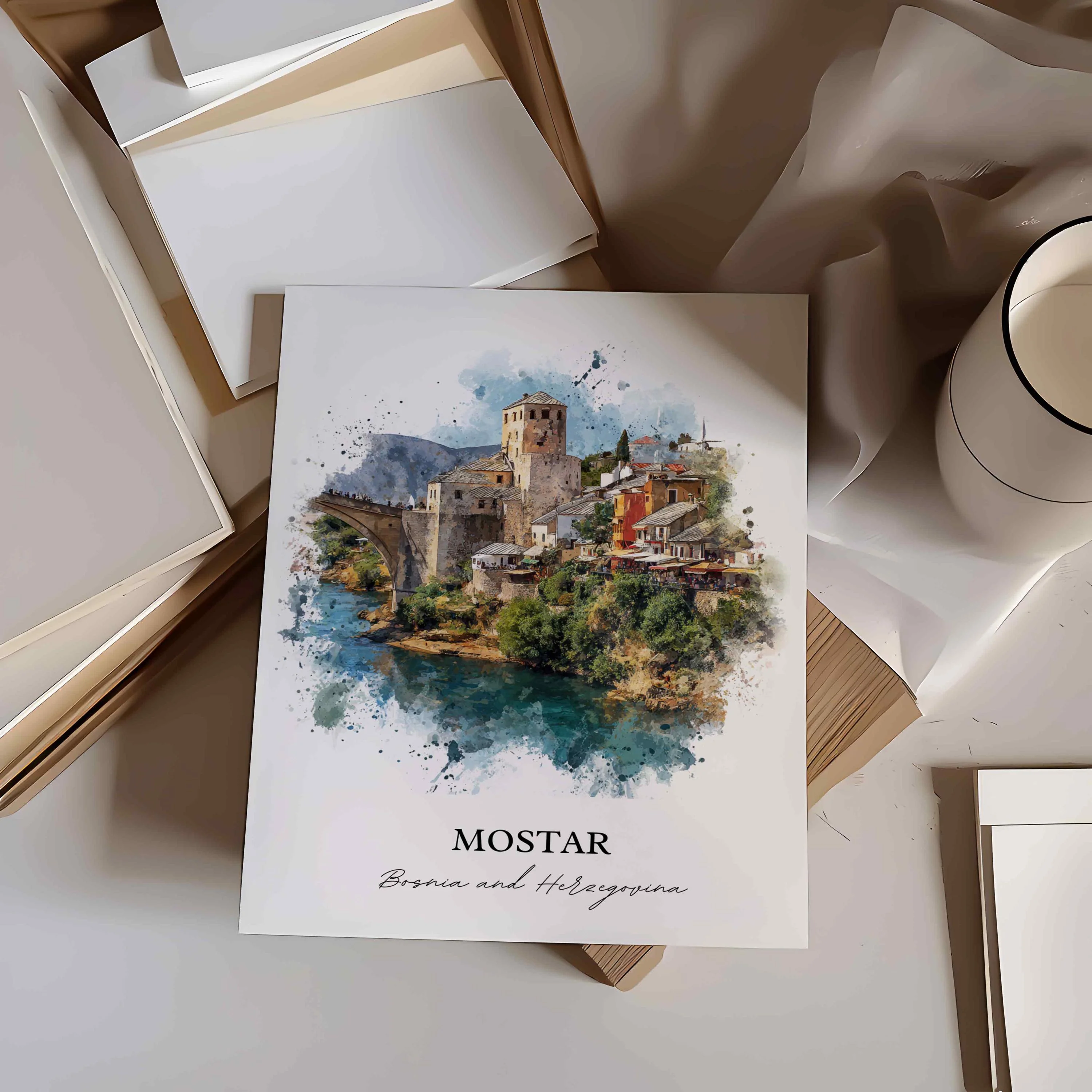 Mostar, Bosnia & Herzegovina – Watercolor Art Print - Image 3