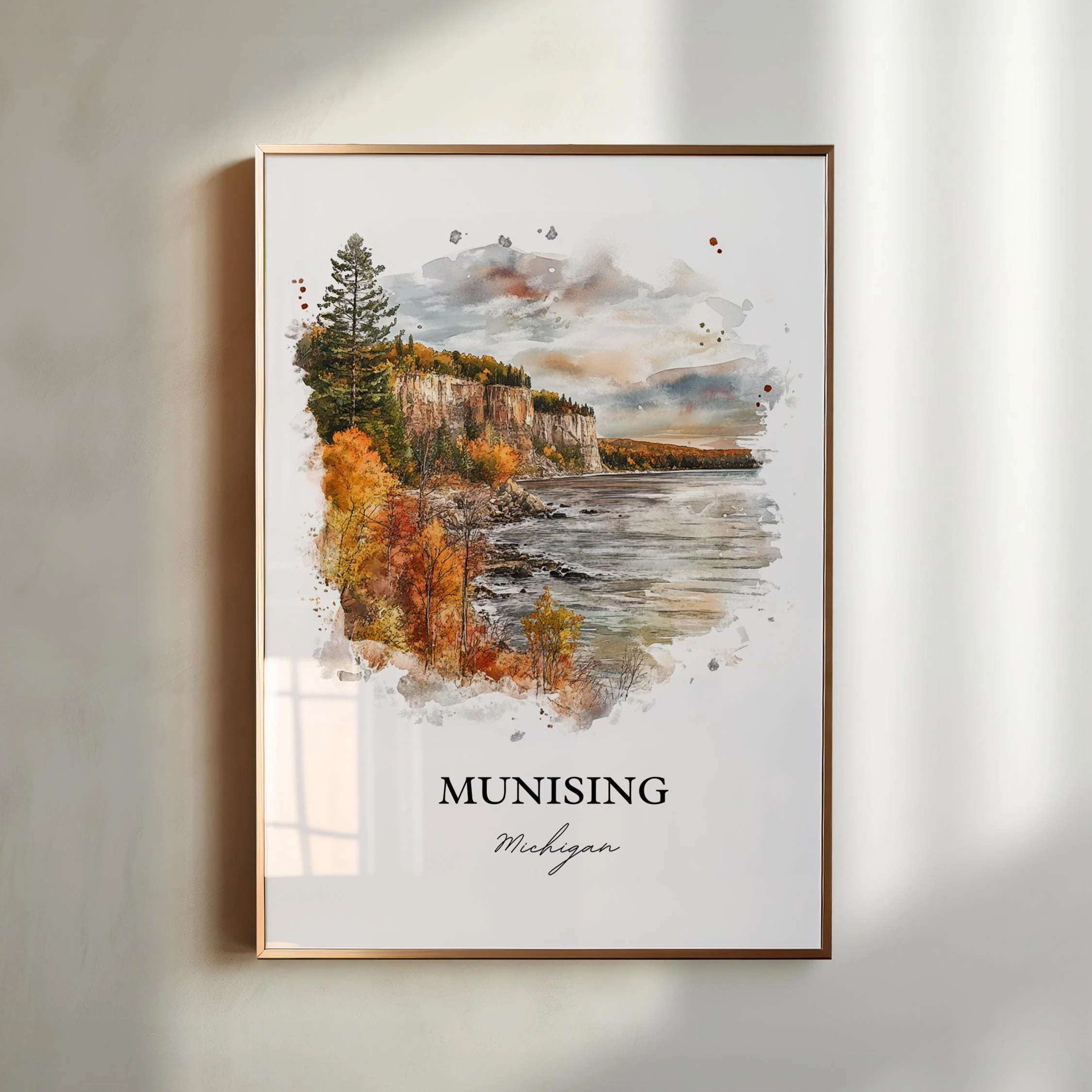 Munising, MI, USA – Wagner Falls Watercolor Art Print