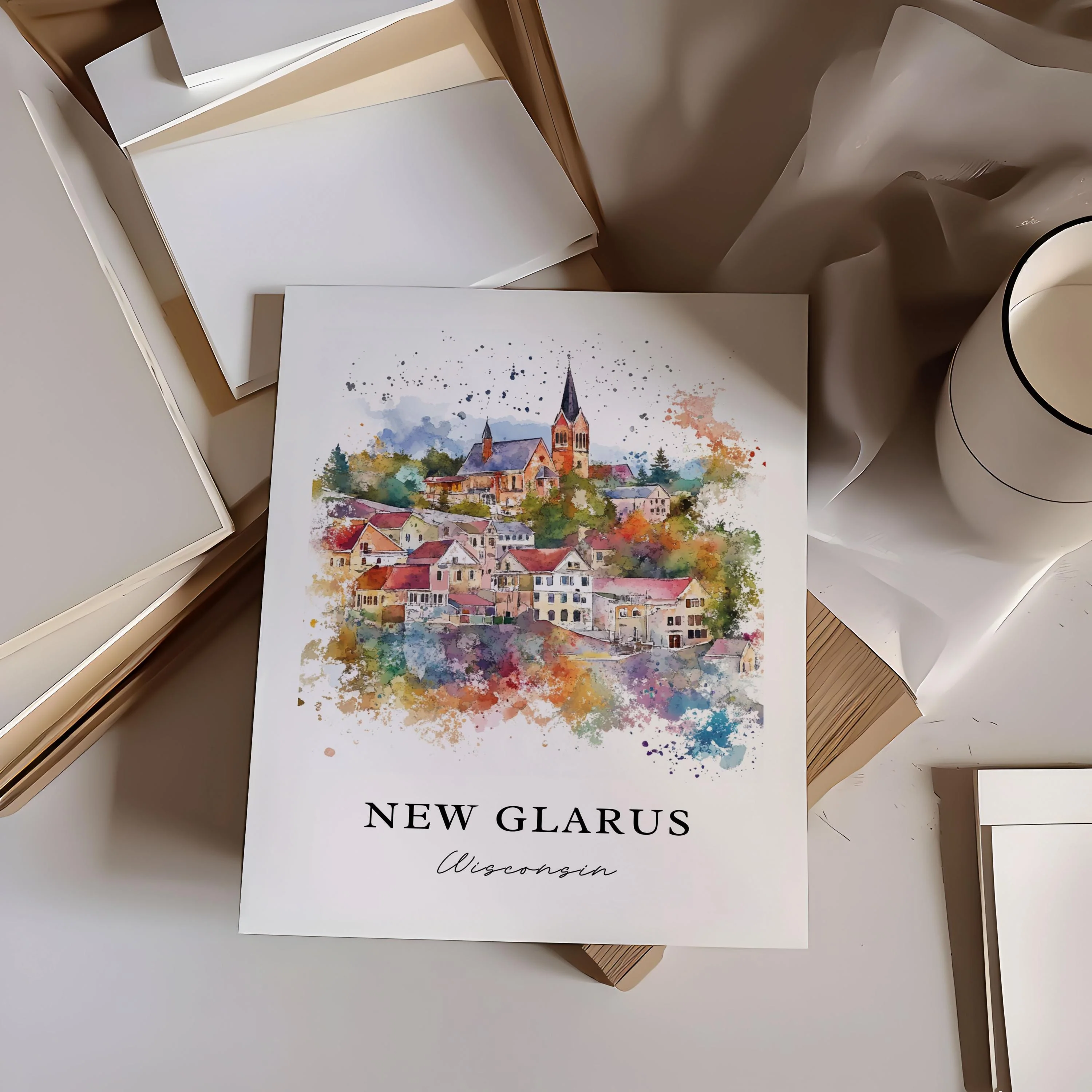 New Glarus, WI, USA – Watercolor Art Print - Image 2