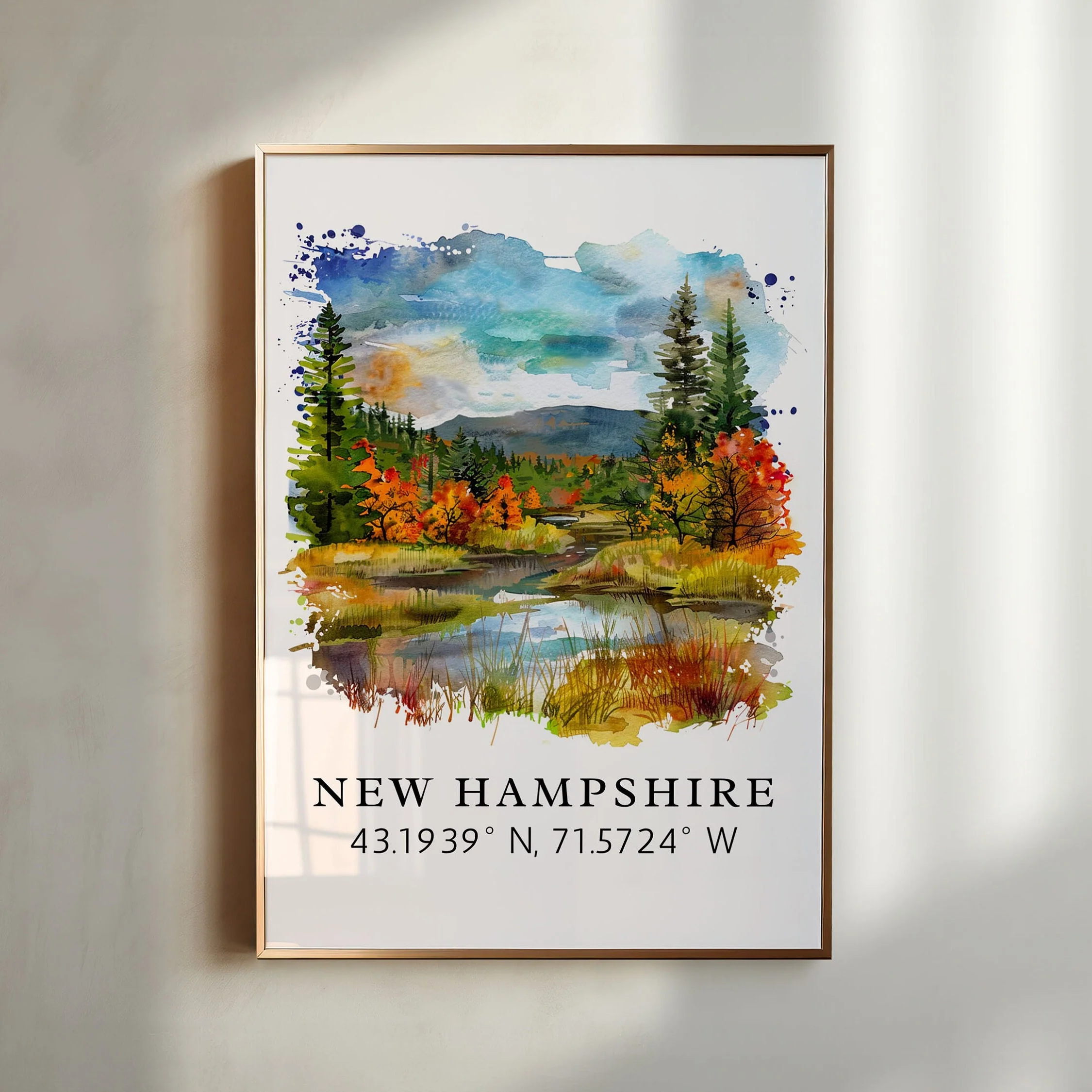 New Hampshire, USA – Watercolor Art Print with Coordinates