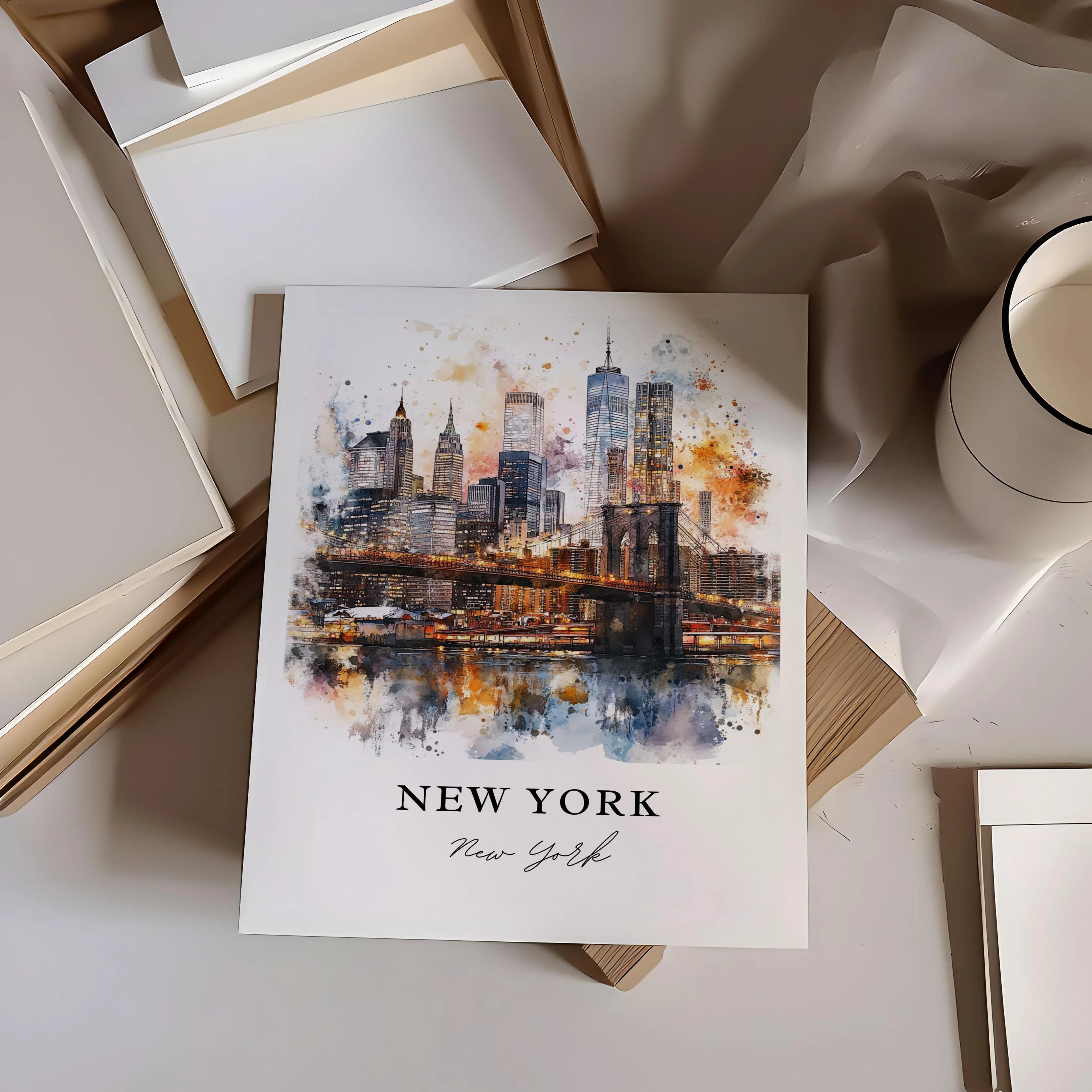New York City, USA – Watercolor Art Print of Manhattan and Brooklyn Bridge - Image 5
