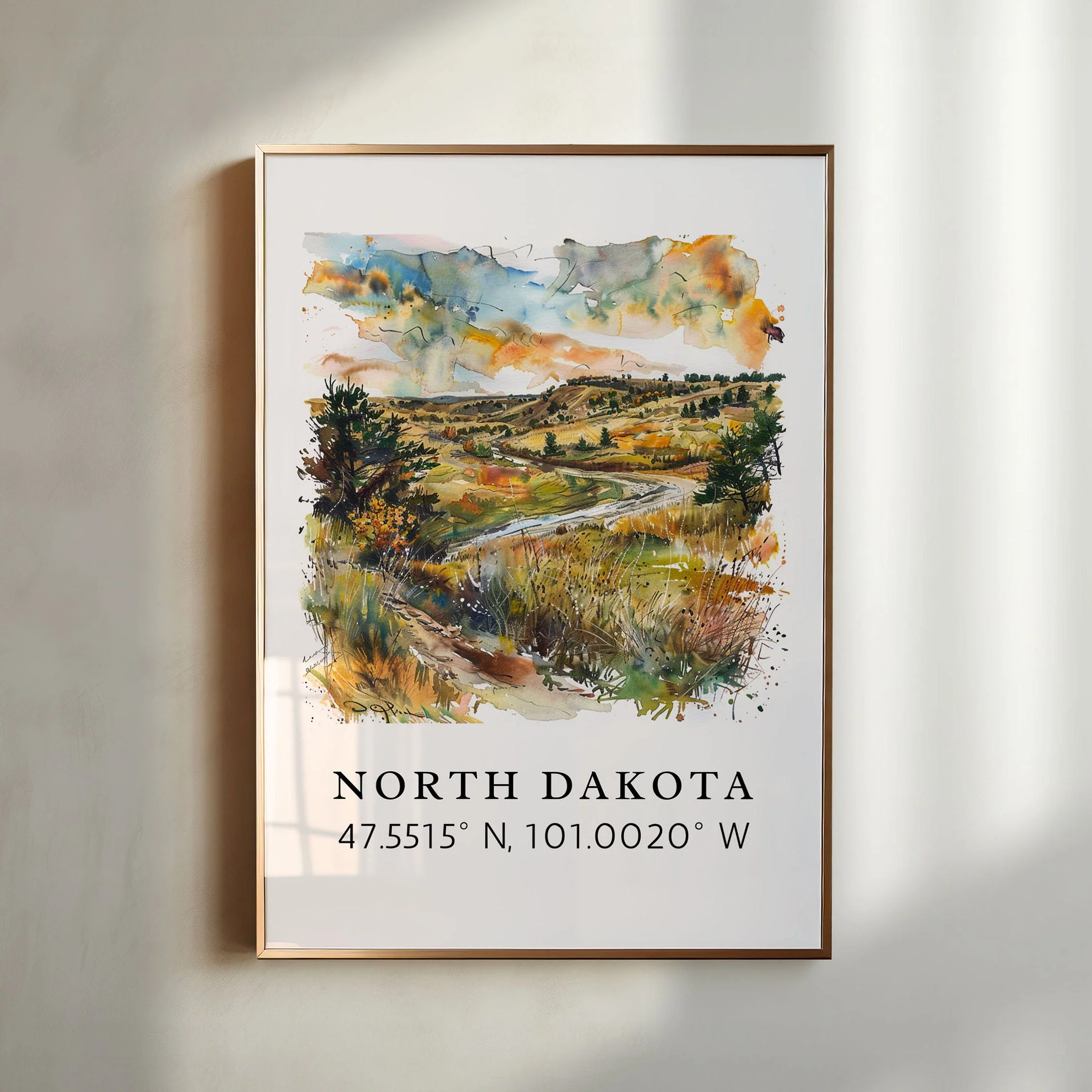 North Dakota – Watercolor Art Print with Coordinates, Framed & Unframed Options