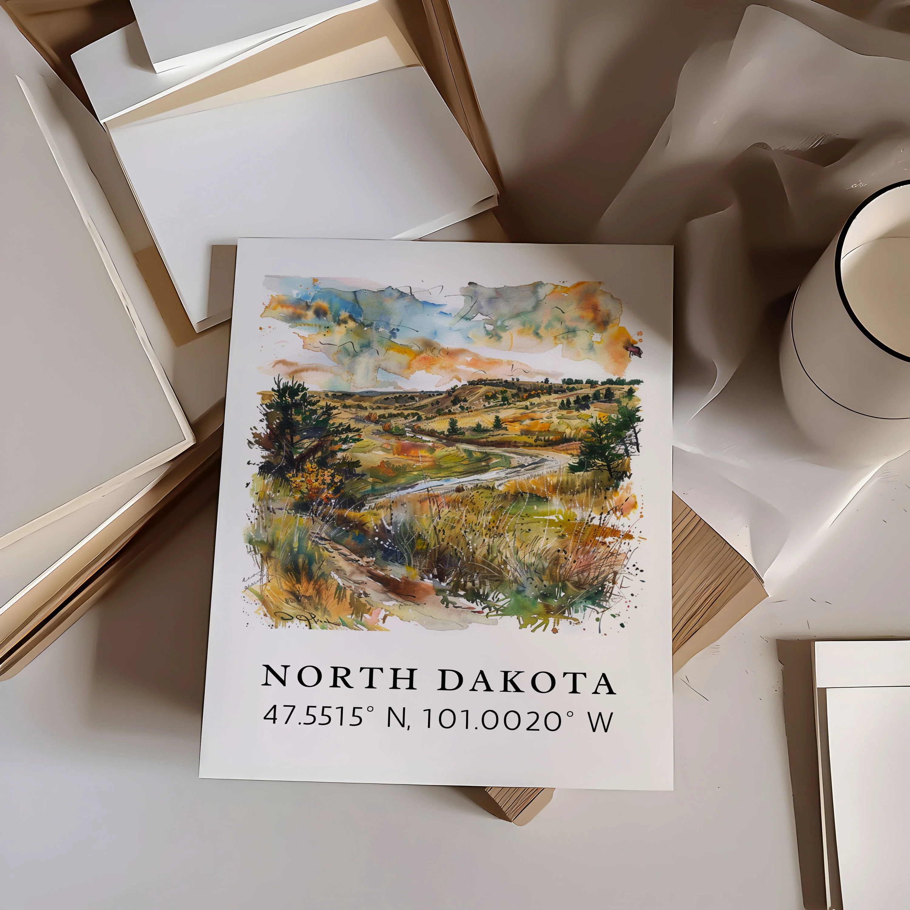North Dakota – Watercolor Art Print with Coordinates, Framed & Unframed Options - Image 2