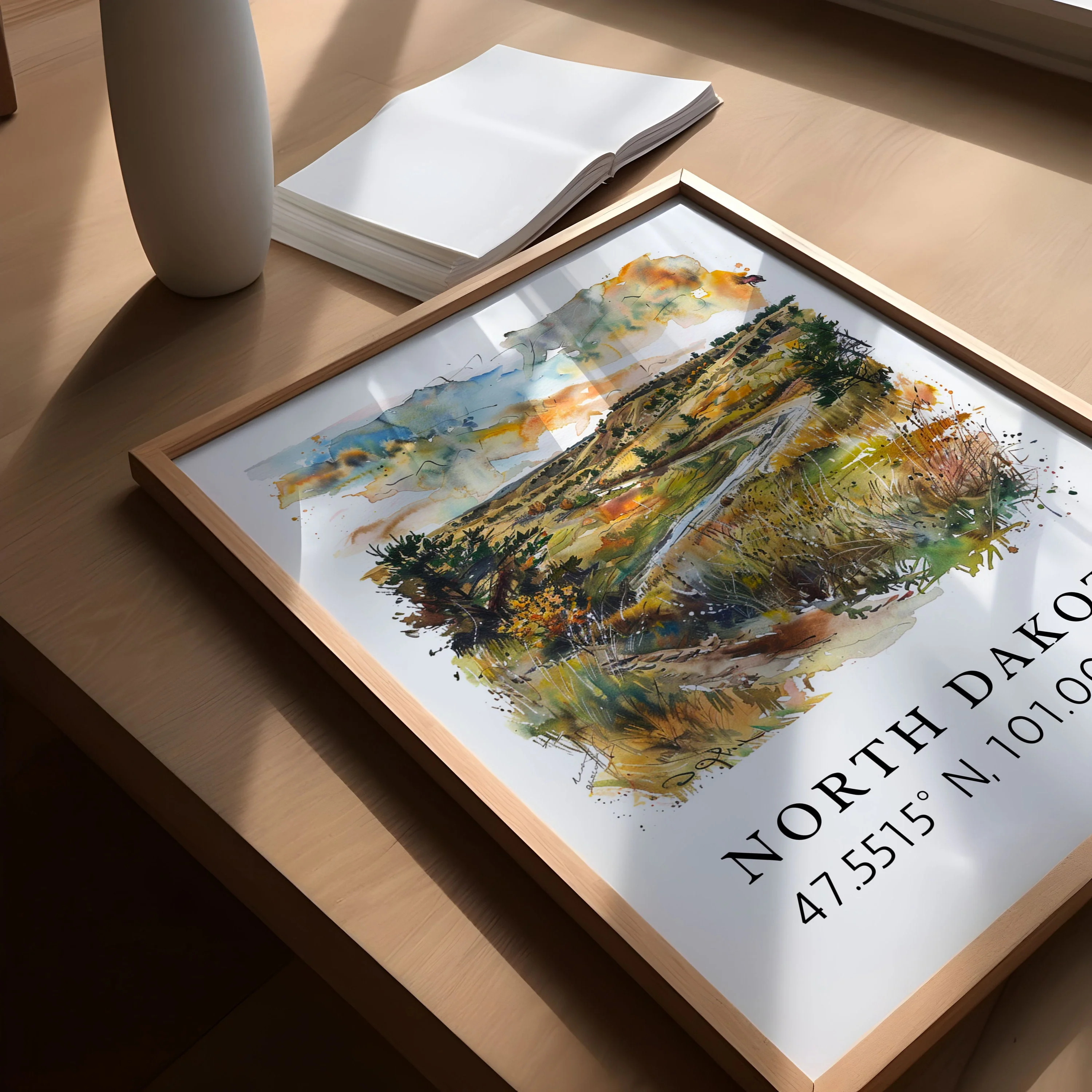 North Dakota – Watercolor Art Print with Coordinates, Framed & Unframed Options - Image 3