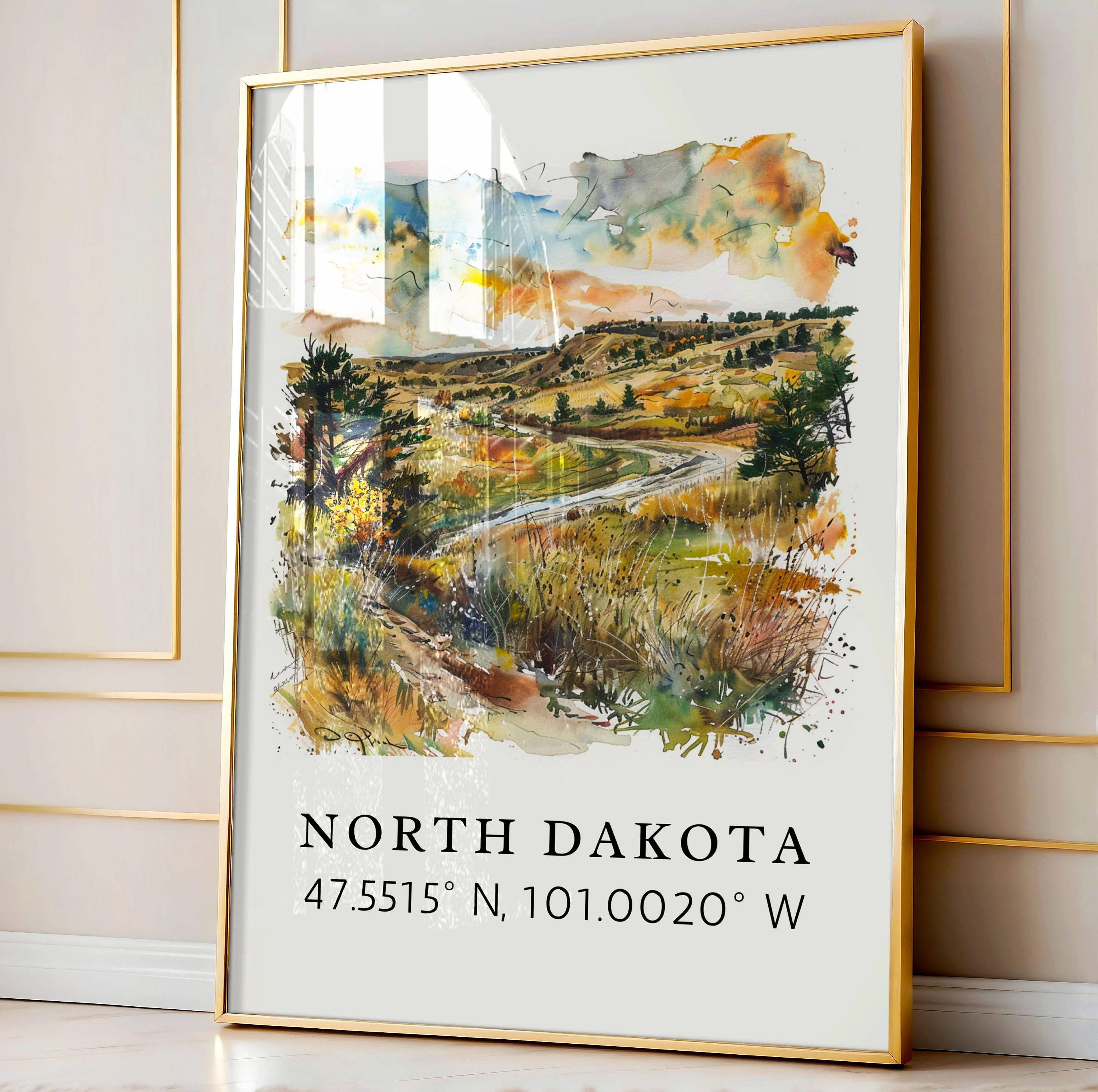 North Dakota – Watercolor Art Print with Coordinates, Framed & Unframed Options - Image 4