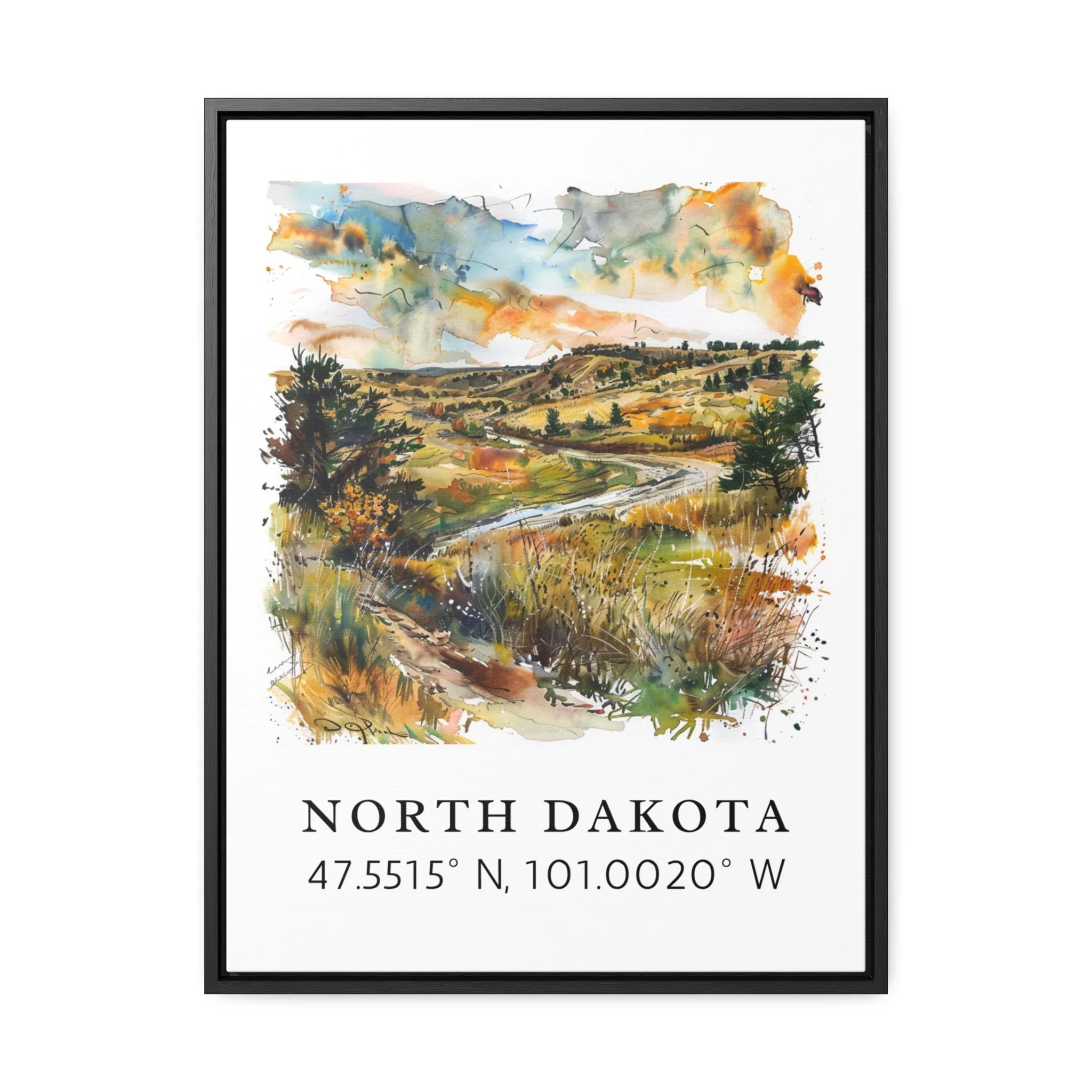 North Dakota – Watercolor Art Print with Coordinates, Framed & Unframed Options - Image 5
