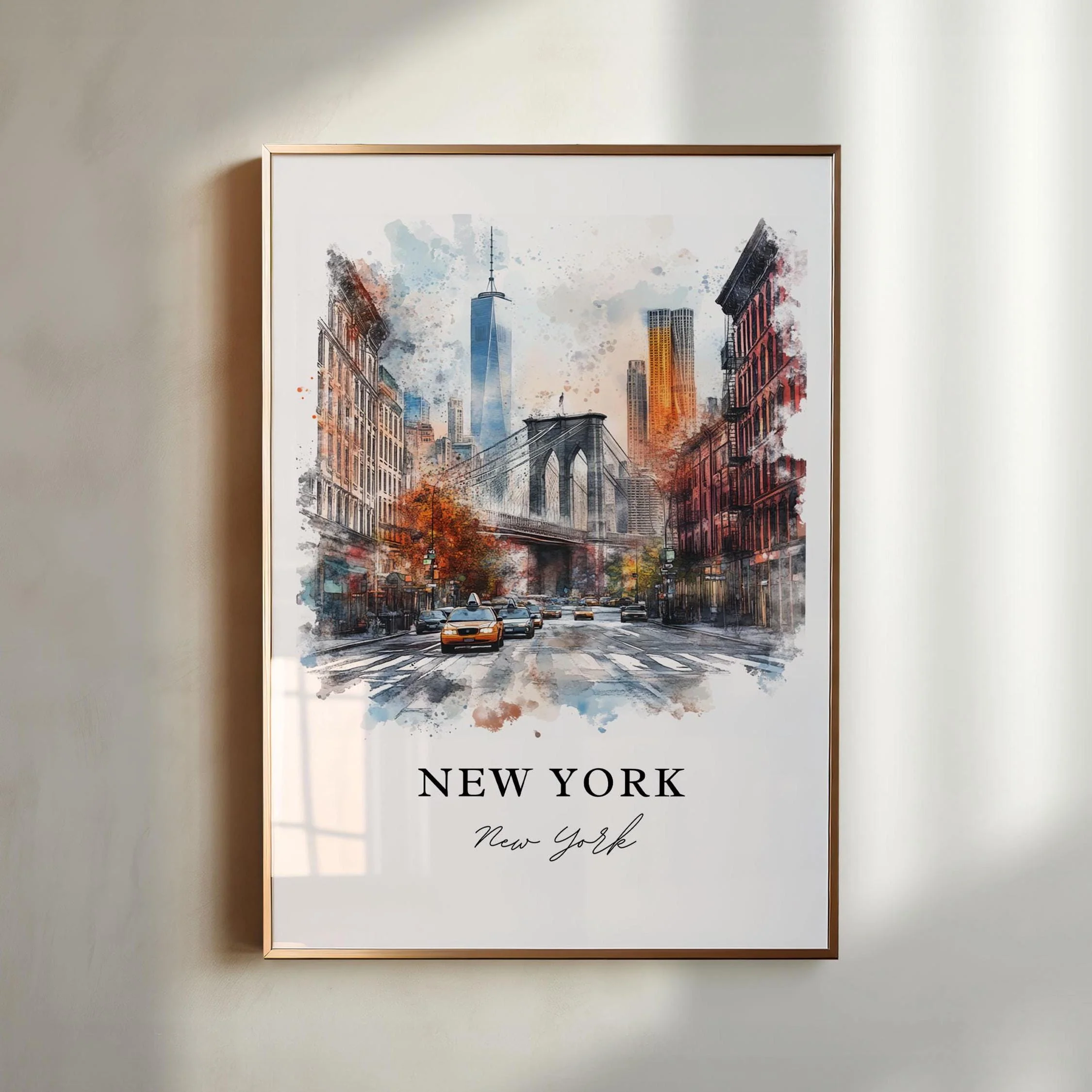 New York City, USA – Watercolor Art Print of Manhattan and Brooklyn Bridge