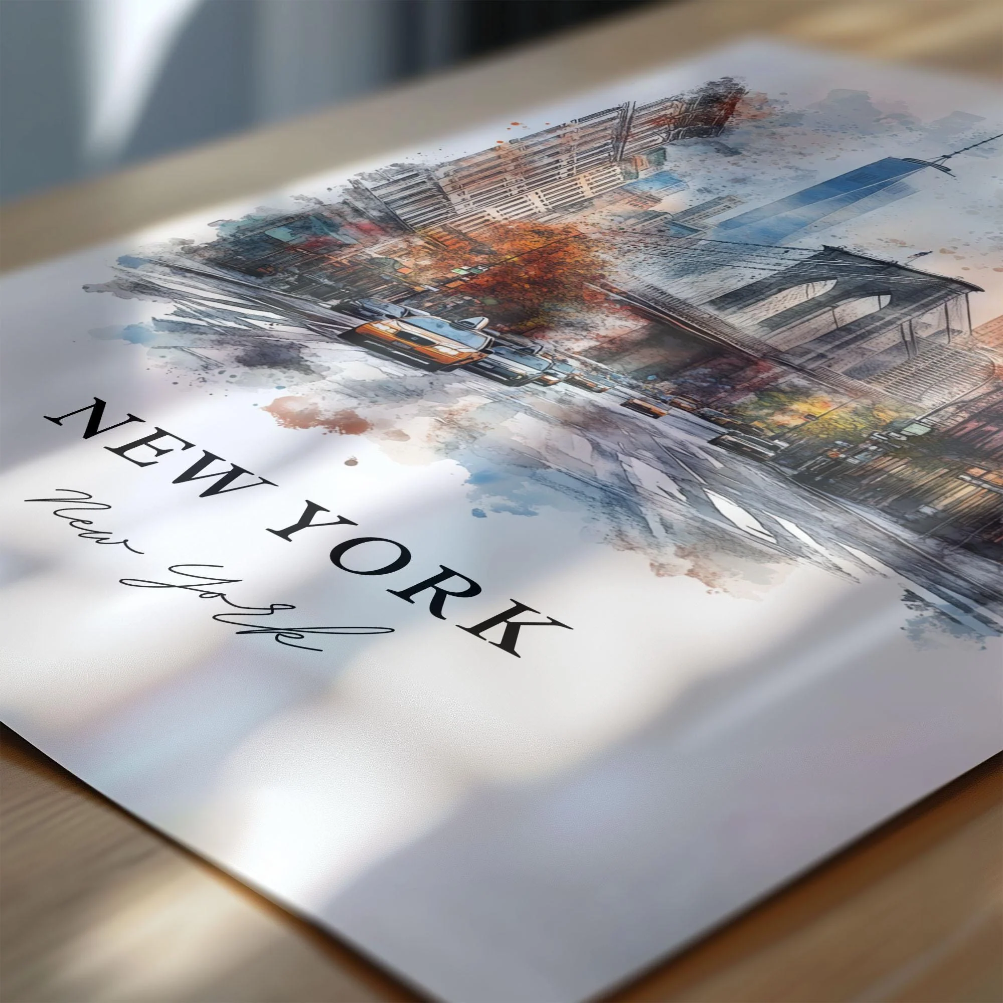 New York City, USA – Watercolor Art Print of Manhattan and Brooklyn Bridge - Image 2