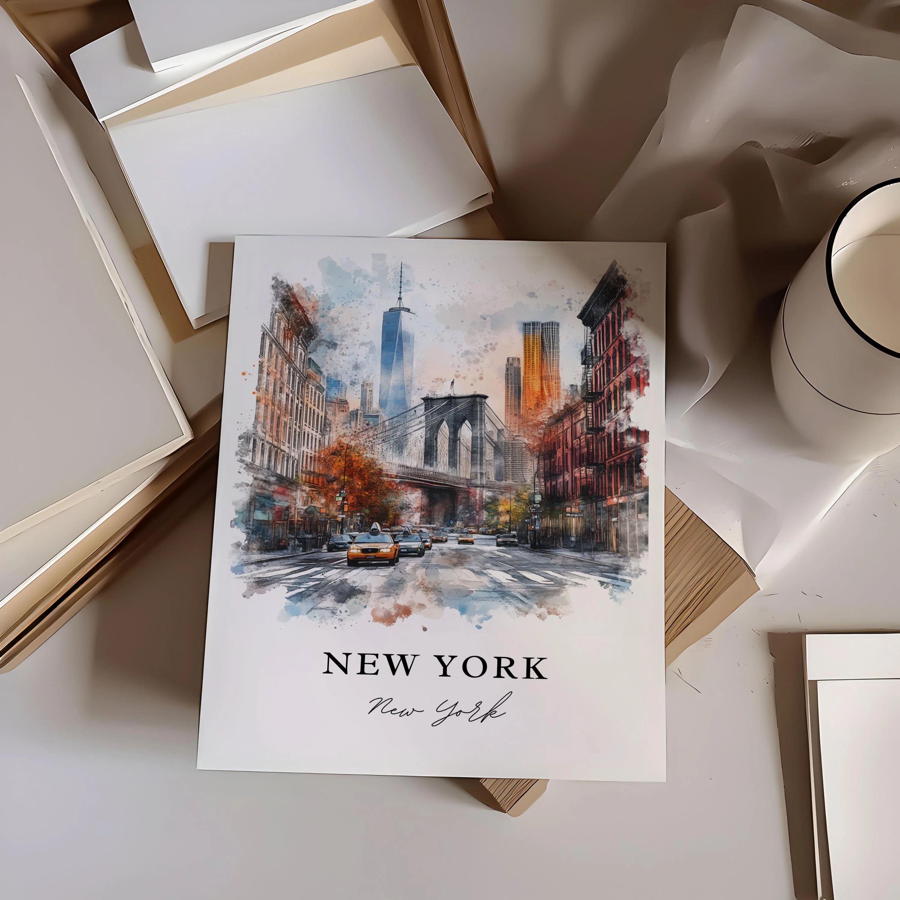 New York City, USA – Watercolor Art Print of Manhattan and Brooklyn Bridge - Image 3