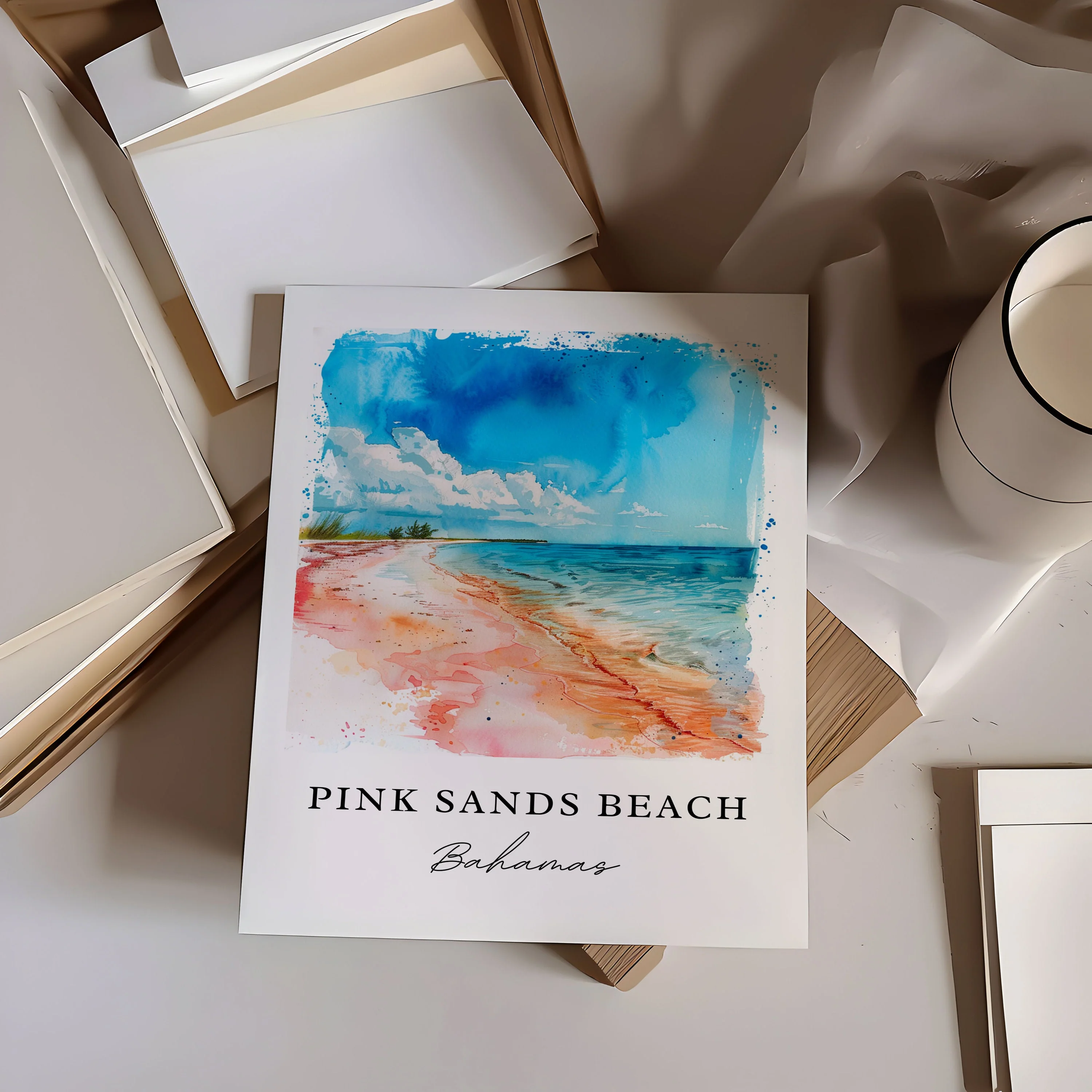 Pink Sands Beach, Bahamas – Watercolor Art Print - Image 2
