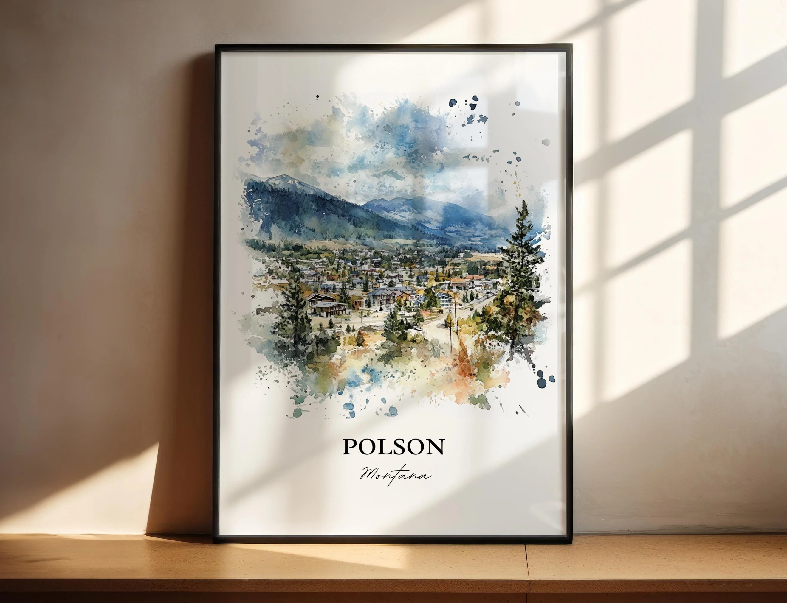 Polson, Montana, USA – Watercolor Art Print of Flathead Lake