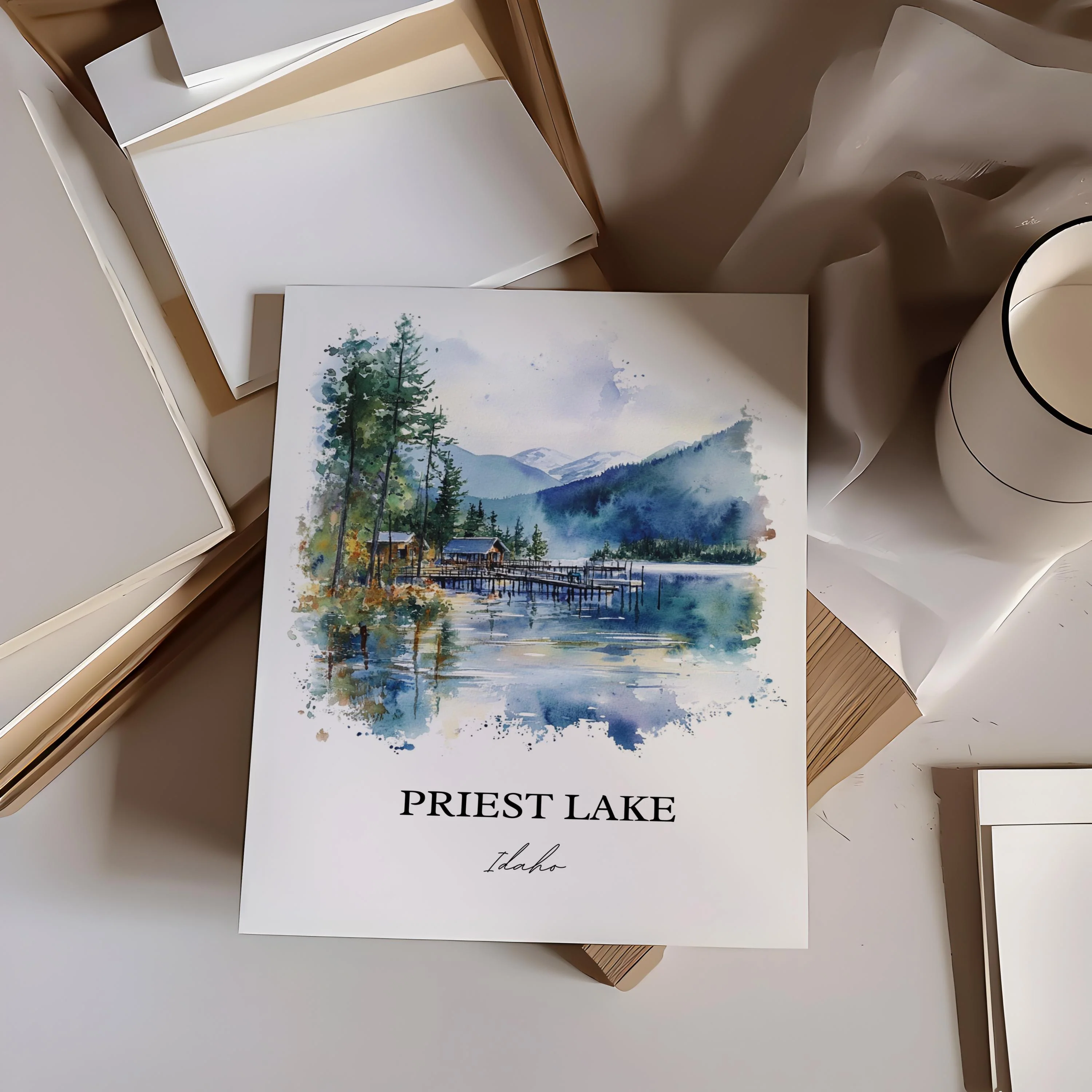 Priest Lake, Idaho, Idaho – Watercolor Art Print - Image 4