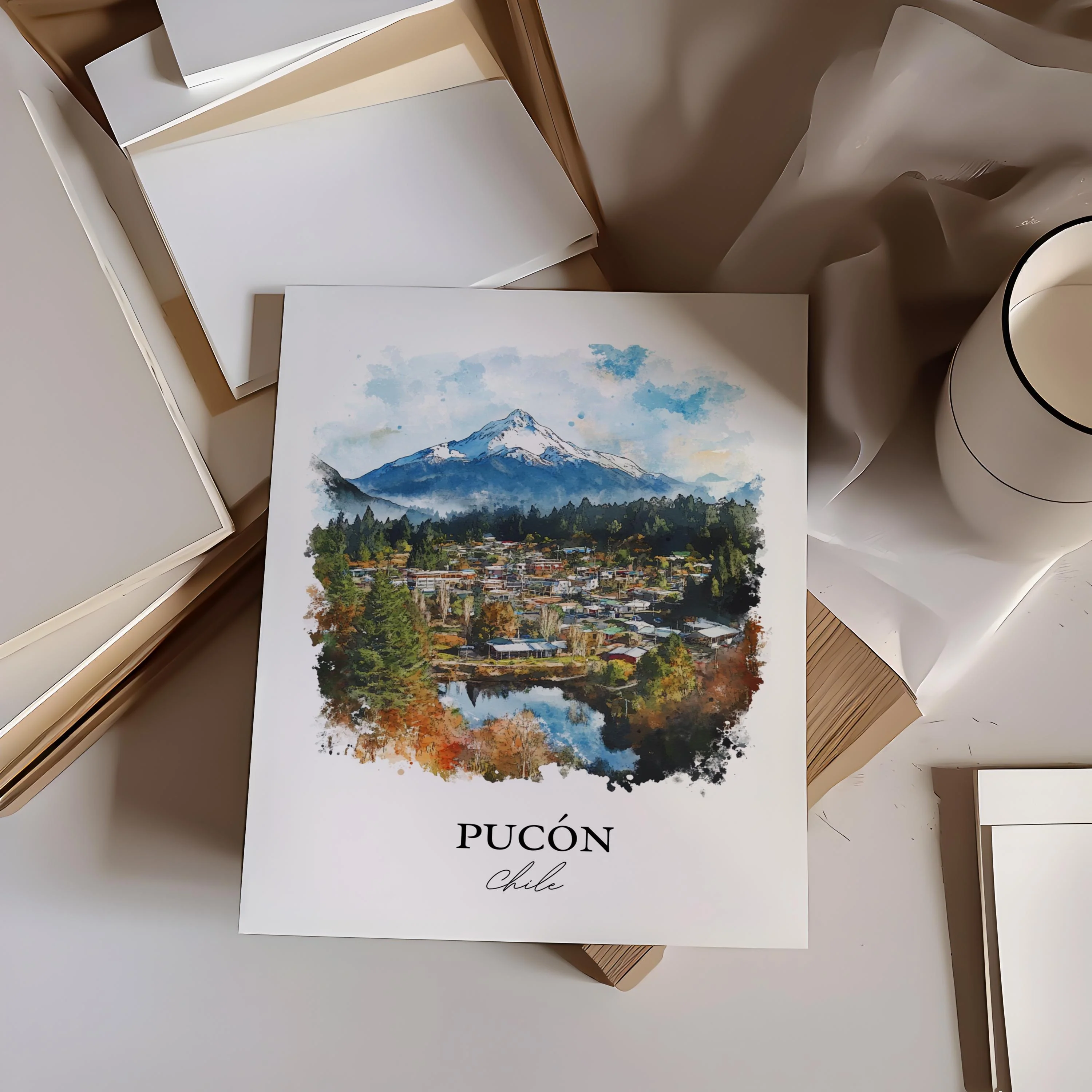Pucón, Chile – Lake Villarrica Watercolor Art Print - Image 6