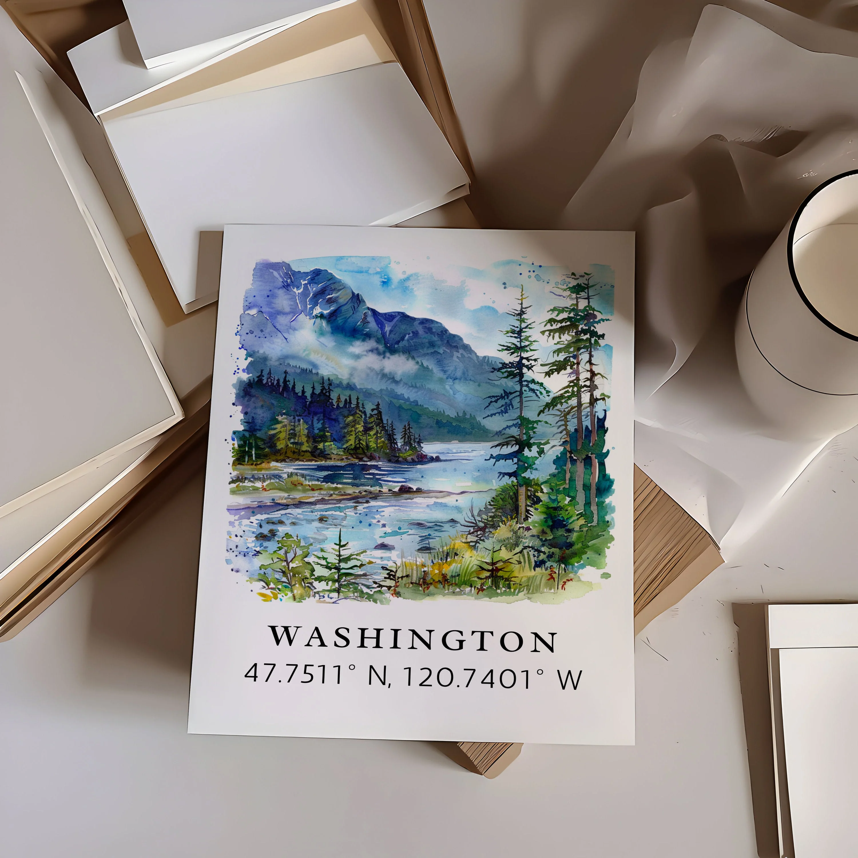 Washington State, Washington – Watercolor Art Print with Coordinates - Image 2