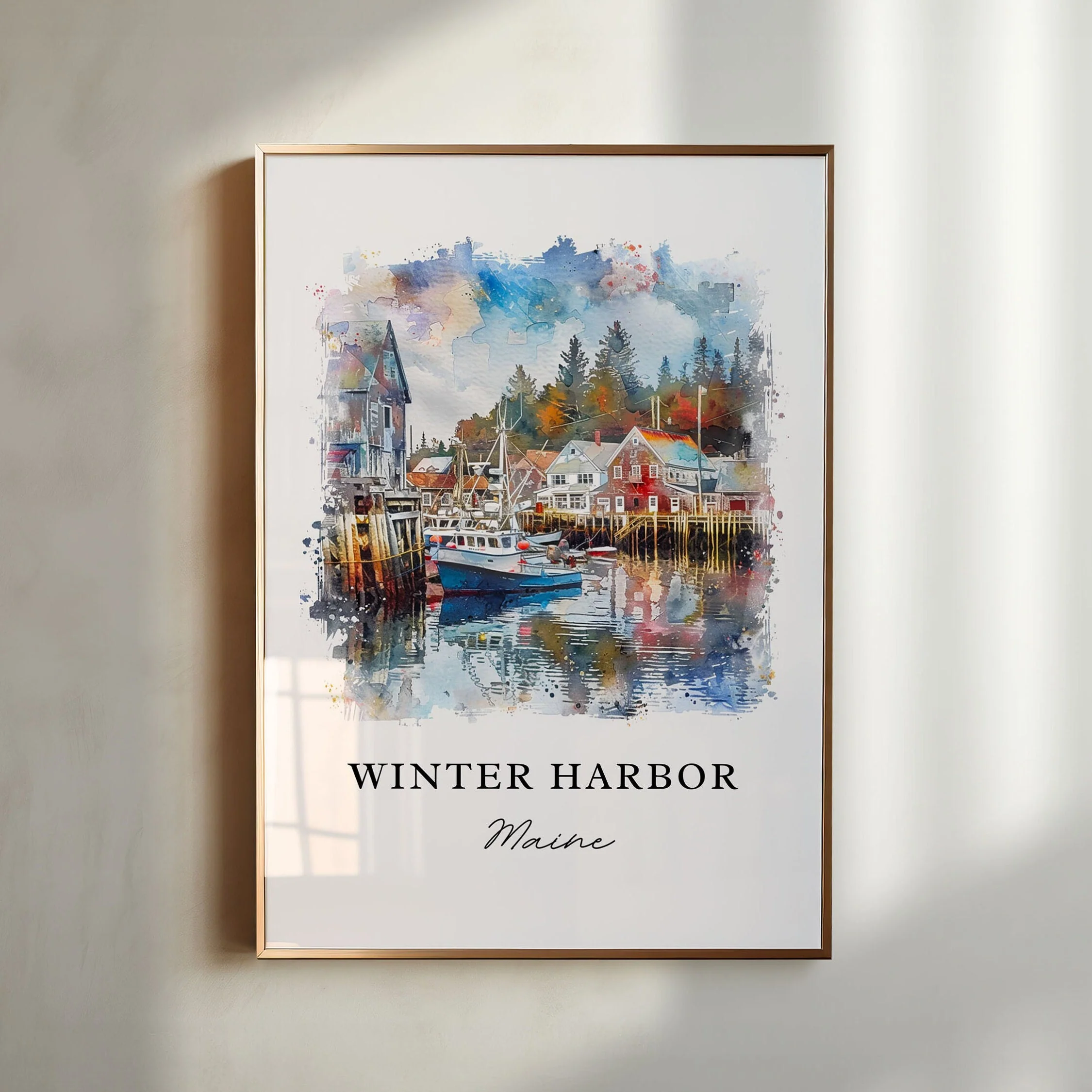 Winter Harbor, ME, USA – Watercolor Art Print