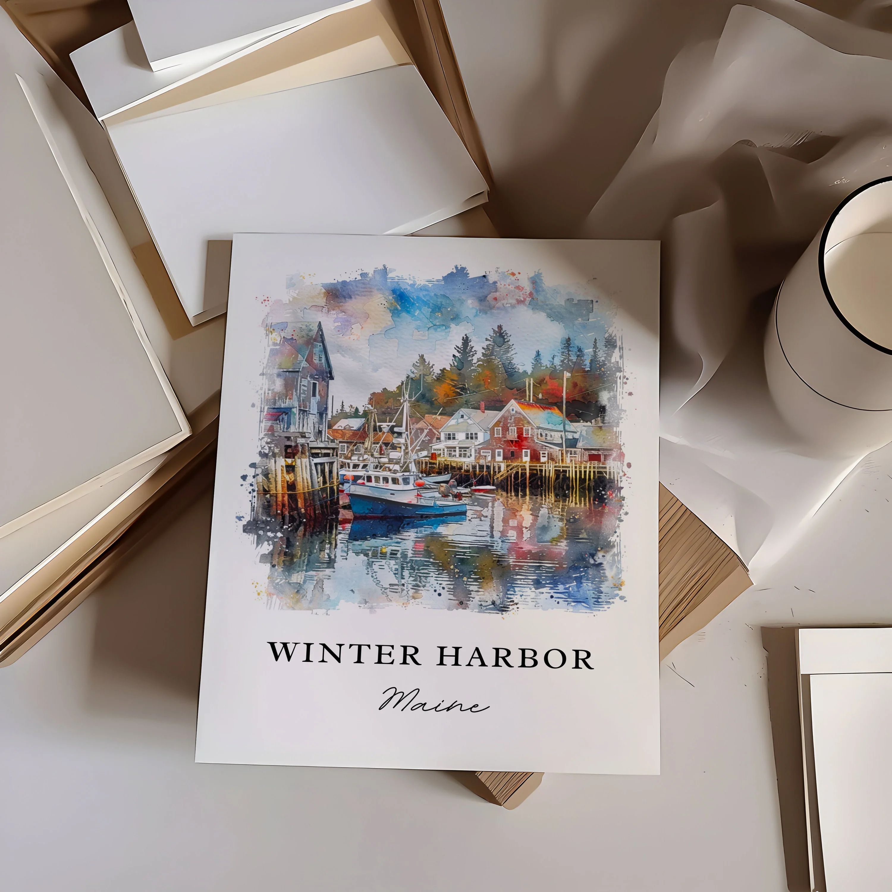 Winter Harbor, ME, USA – Watercolor Art Print - Image 3